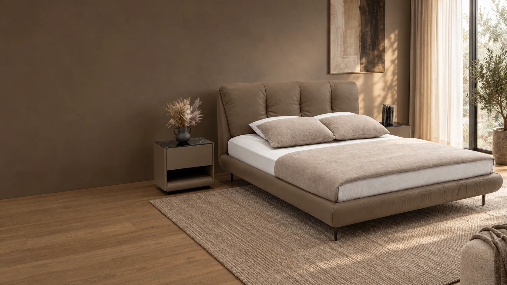 Concept bedroom scene featuring KUOJIE HOME upholstered bed model 2553